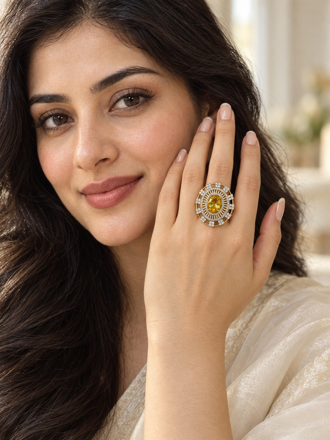 Yellow Center Stone Baguette Halo Ring - Gold Plated