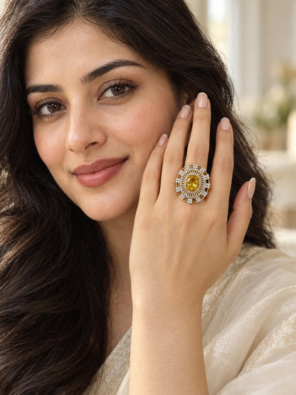 Yellow Center Stone Baguette Halo Ring - Gold Plated