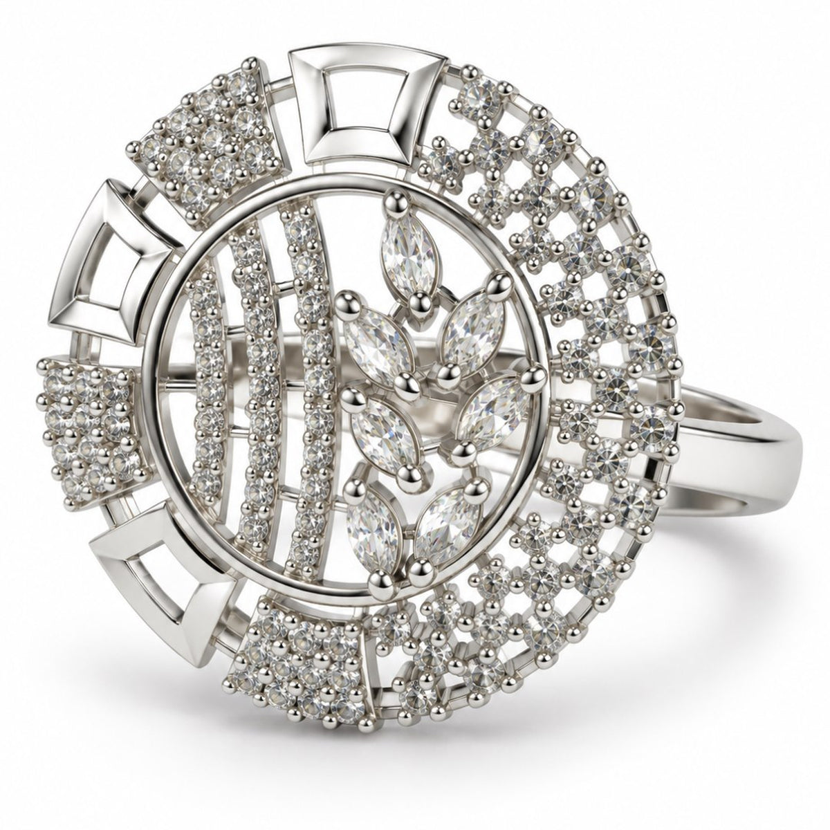 Clear Stone Circular Geometric Ring - Silver Plated - product view