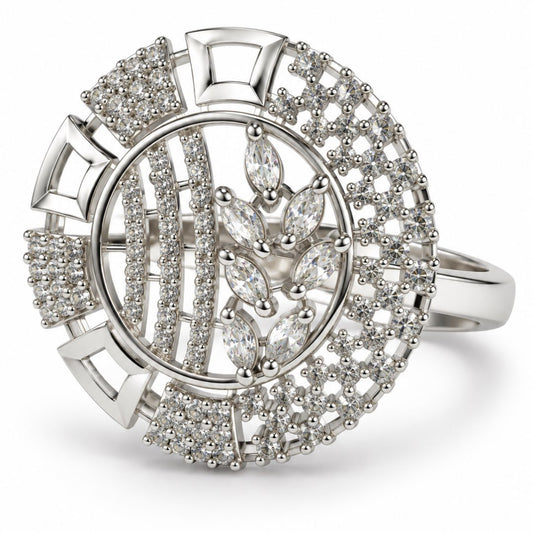 Clear Stone Circular Geometric Ring - Silver Plated - product view