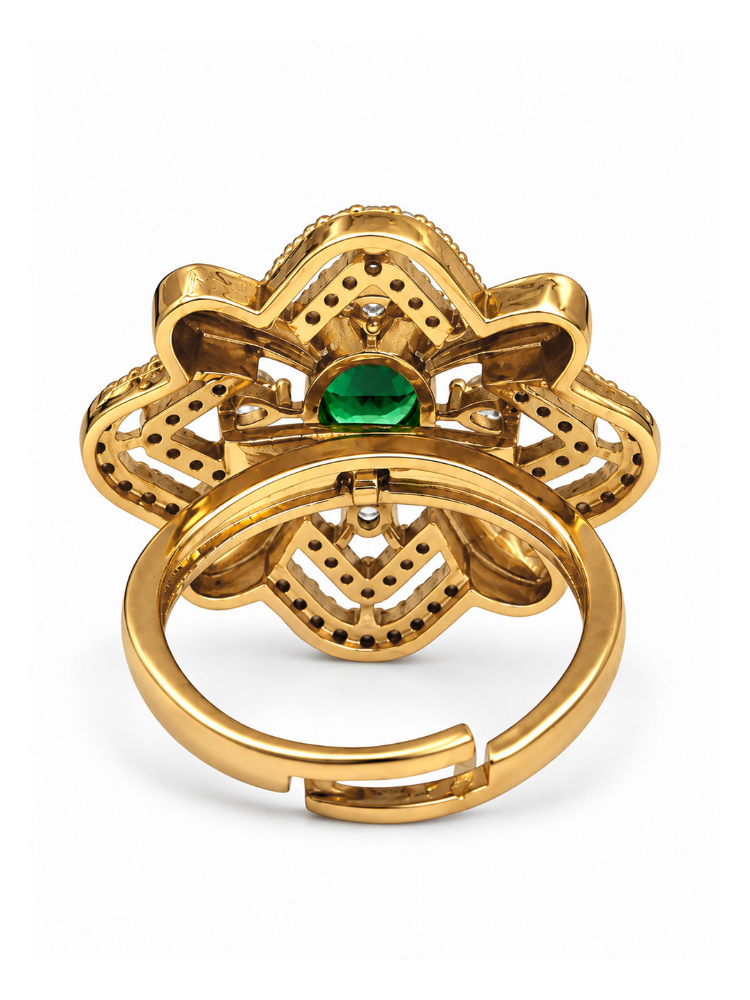 Green Stone Four Petal Floral Ring - Gold Plated, additional view 5