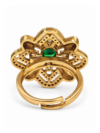 Green Stone Four Petal Floral Ring - Gold Plated, additional view 5
