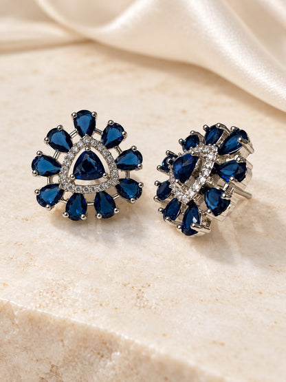 Blue Teardrop Halo Stud Earrings in silver plating