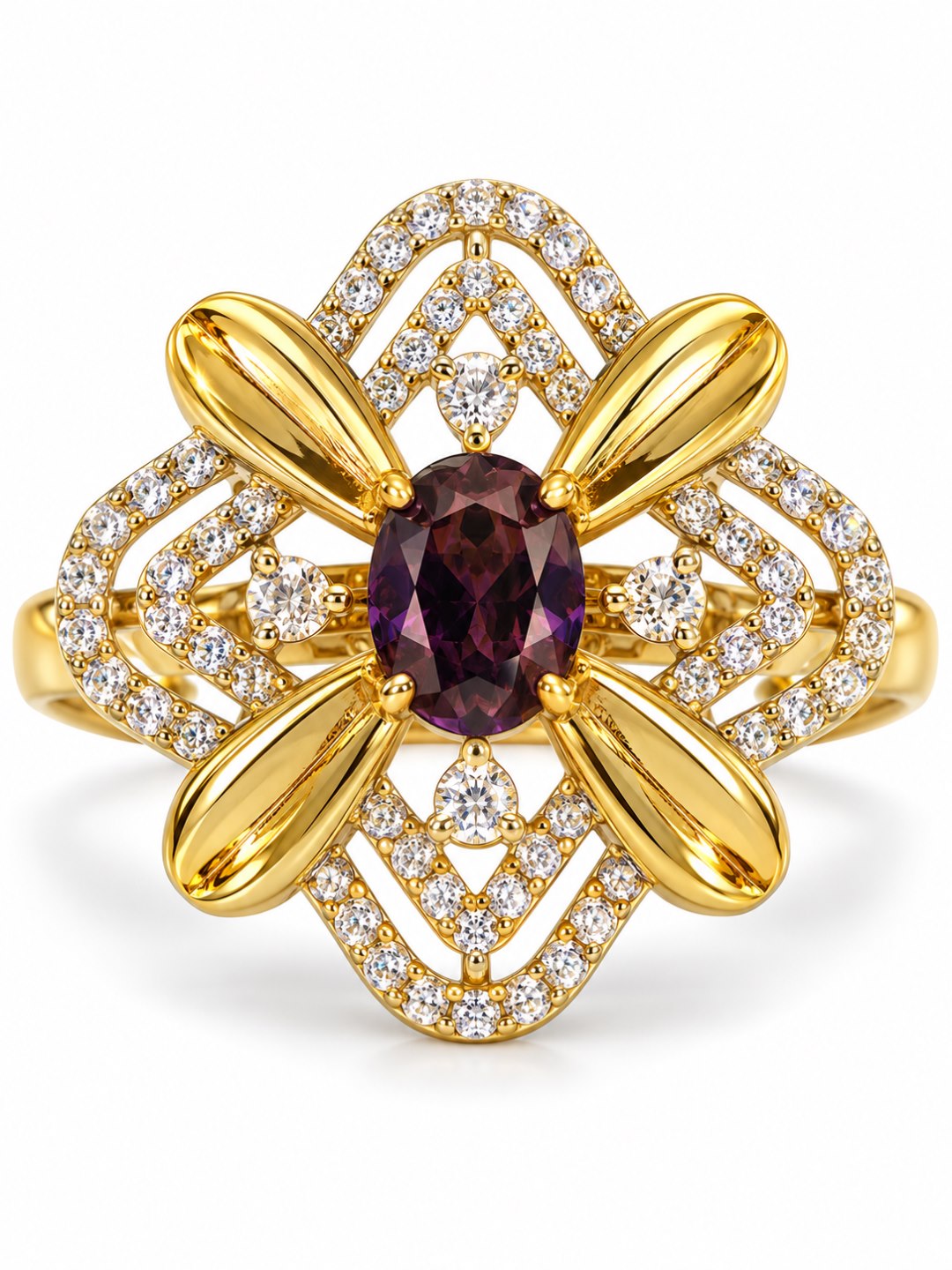 Purple Center Stone Four-Petal Floral Ring - Gold Plated