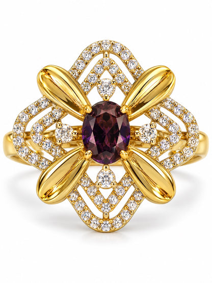 Purple Center Stone Four-Petal Floral Ring - Gold Plated