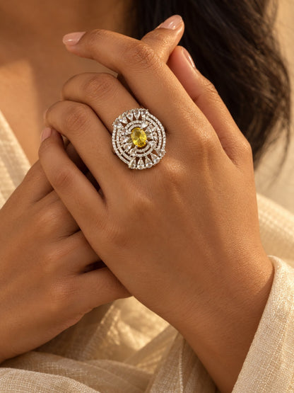 Yellow Oval Center Halo Ring - Silver Plated worn on hand - close-up