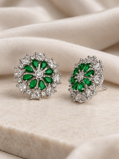 Green heart-petal flower silver-plated stud earrings