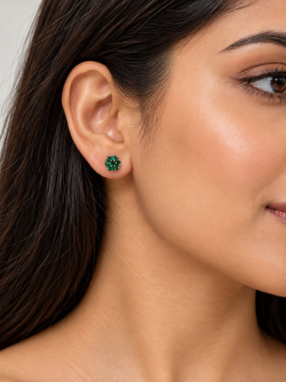 Green Stone Floral Cluster Stud Earrings, silver plated, model close-up