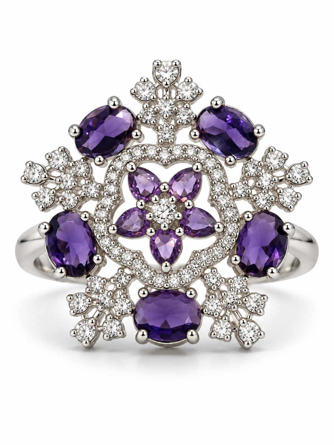 Purple Stone Ornate Floral Ring - Silver Plated - alternate view