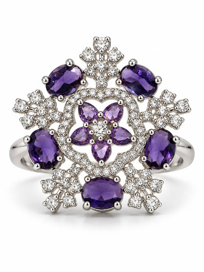 Purple Stone Ornate Floral Ring - Silver Plated - alternate view