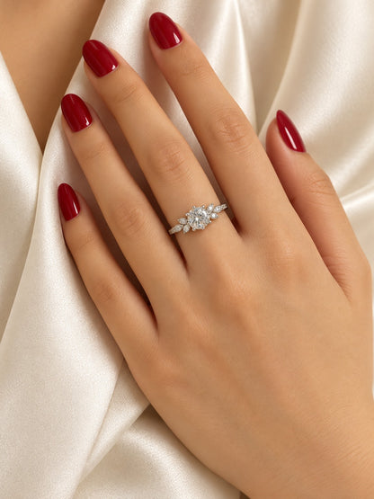 Clear Round Stone Leaf Accent Ring - Silver Plated, model close-up