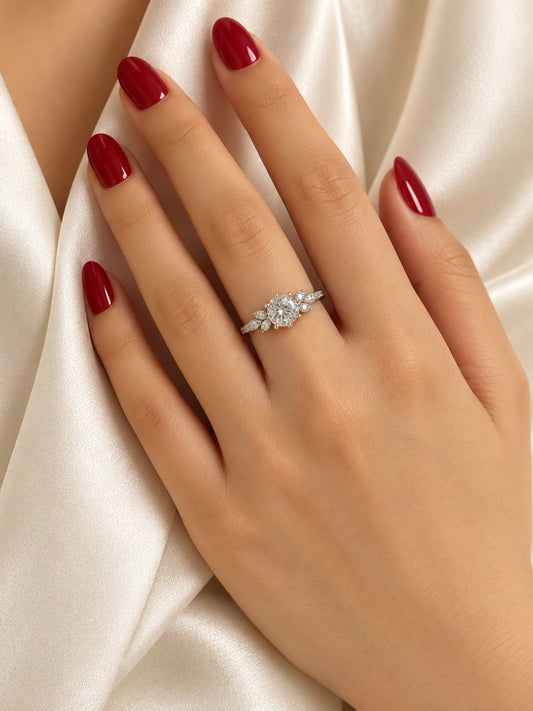Clear Round Stone Leaf Accent Ring - Silver Plated, model close-up