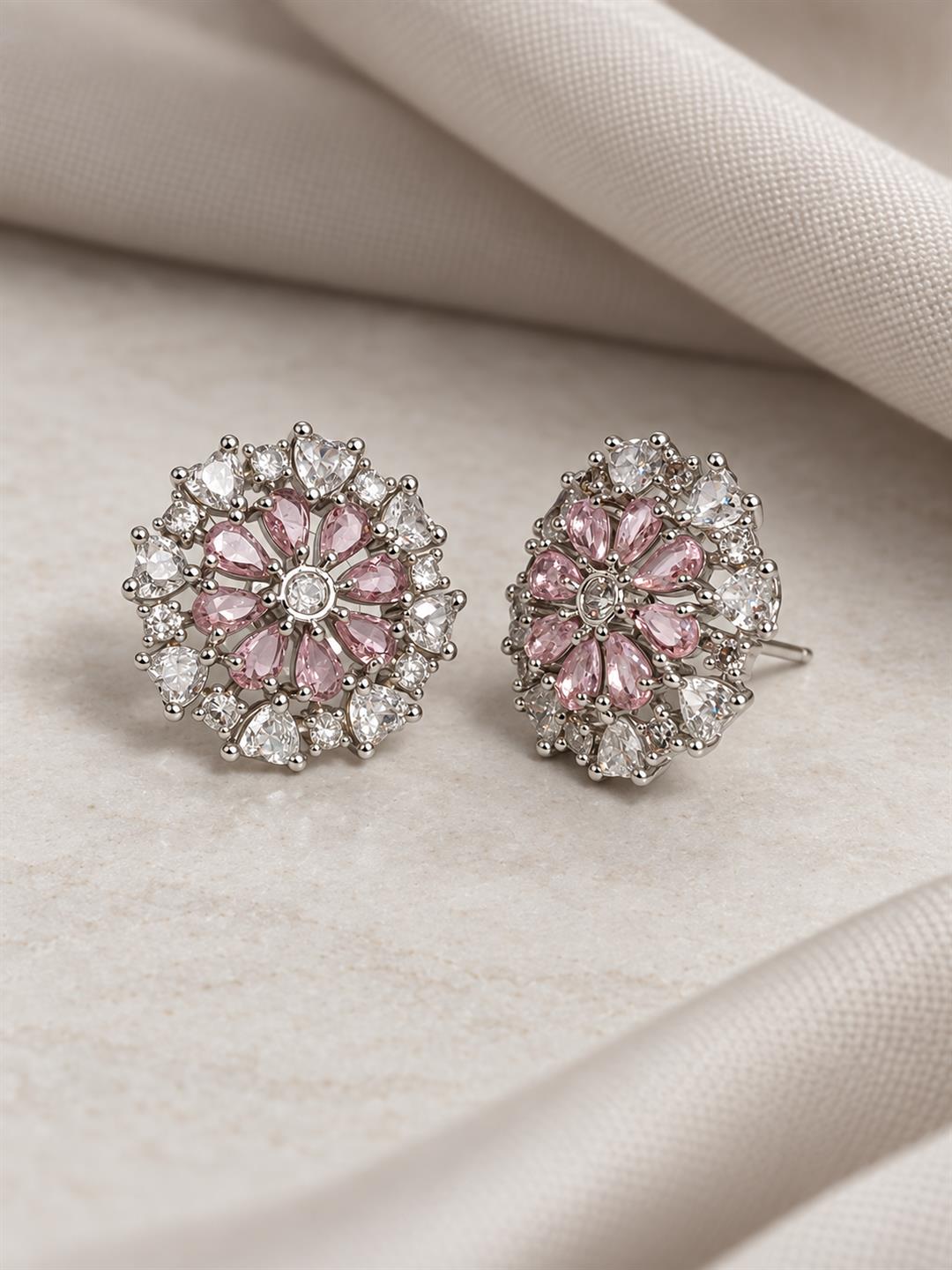Pink heart-petal flower silver-plated stud earrings