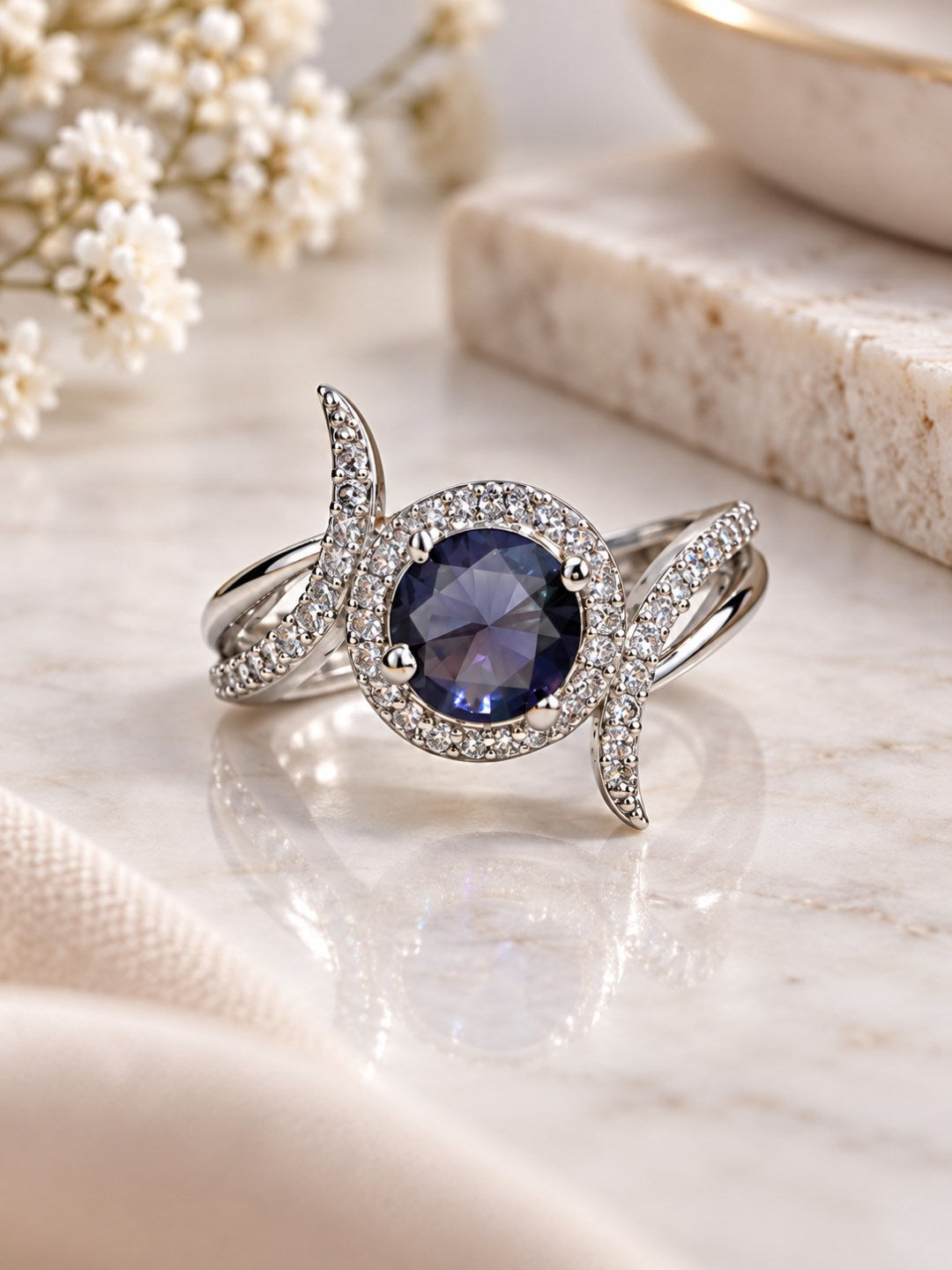 Purple Round Halo Swirl Ring - Silver Plated