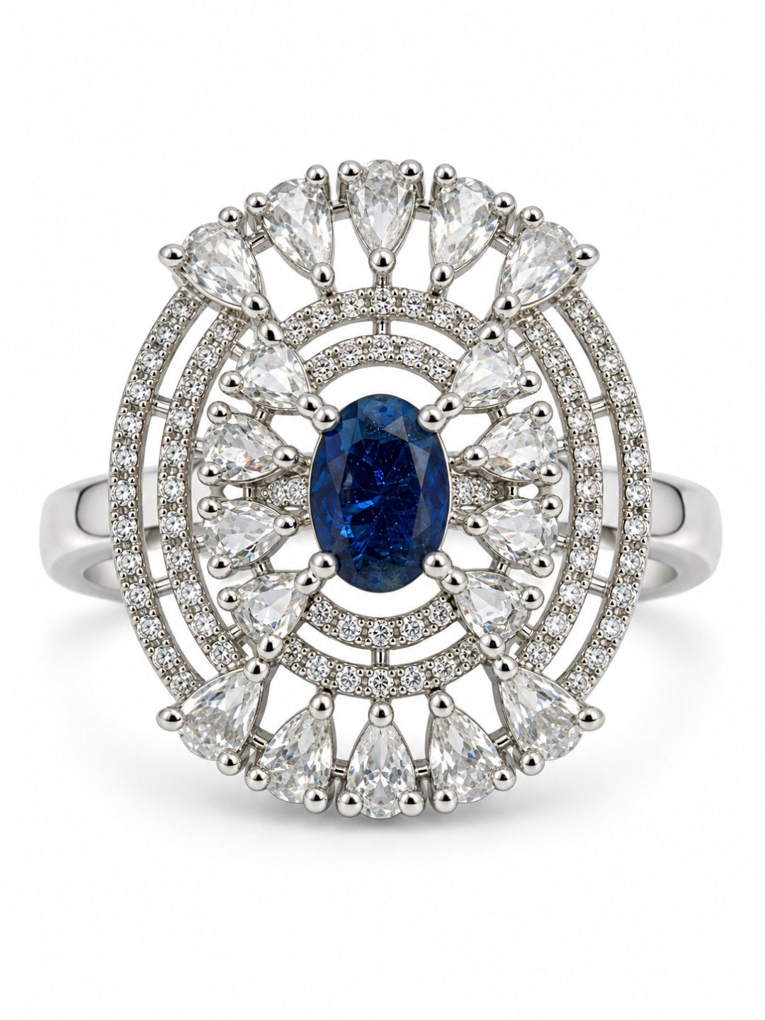 Blue Oval Center Halo Ring - Silver Plated - alternate view