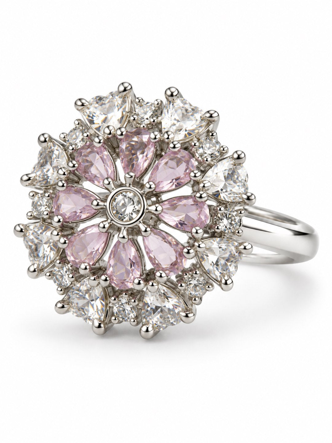 Pink Petal Halo Flower Ring - Silver Plated - alternate view