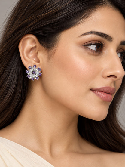 Purple Baguette Sunburst Stud Earrings, silver plated, model close-up