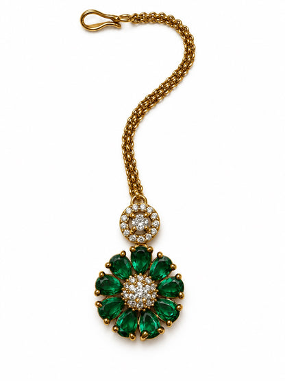 Green Teardrop Floral Maang Tikka - Gold Plated, additional view 2