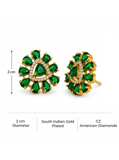Green Triangle Center Halo Stud Earrings - Gold Plated