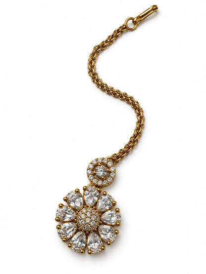Clear Teardrop Floral Maang Tikka - Gold Plated, additional view 1