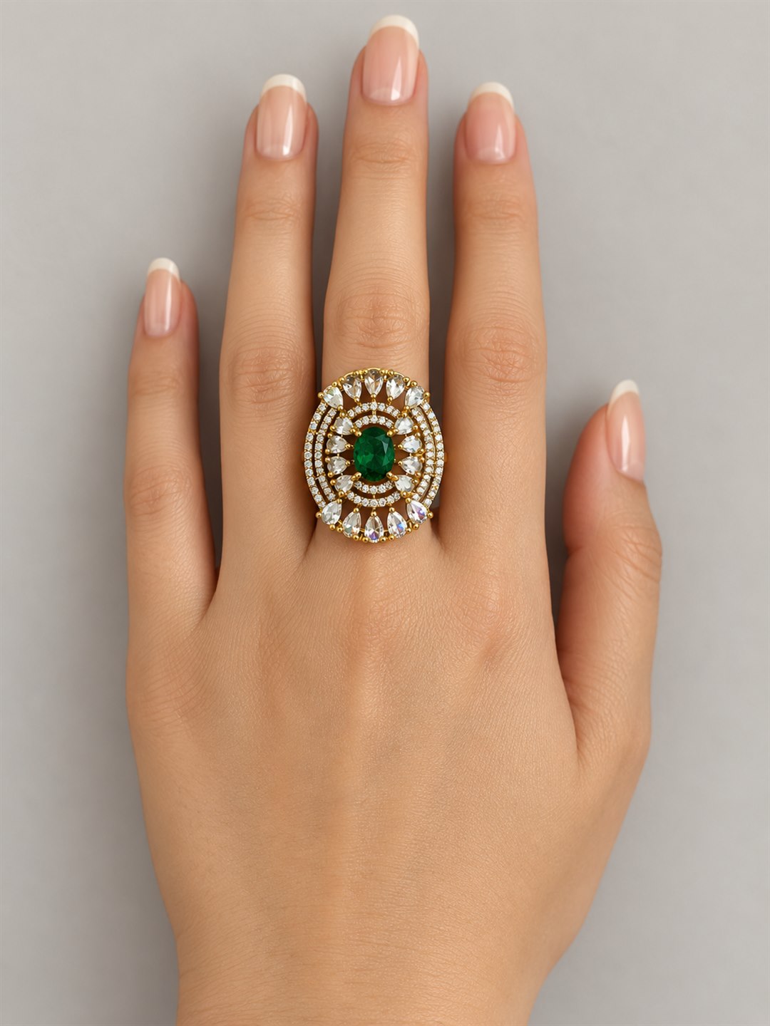 Green Stone Oval Teardrop Halo Ring - Gold Plated, additional view 7