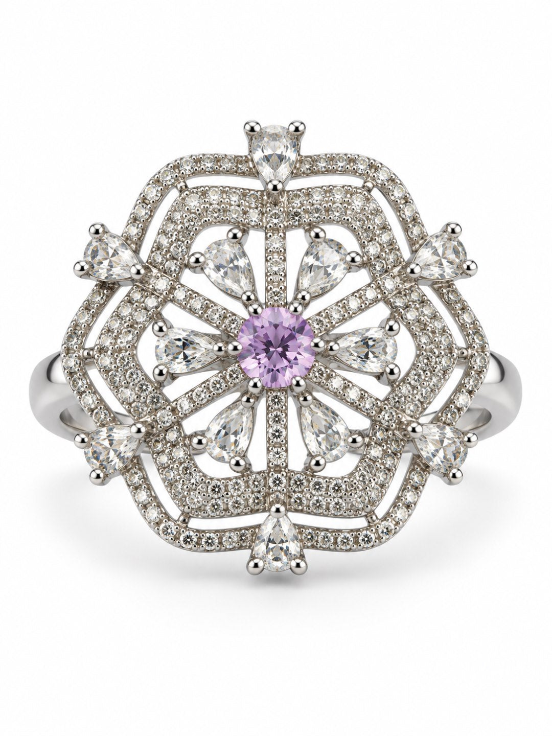 Lavender Round Center Geometric Flower Ring - Silver Plated - alternate view
