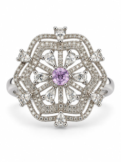Lavender Round Center Geometric Flower Ring - Silver Plated - alternate view