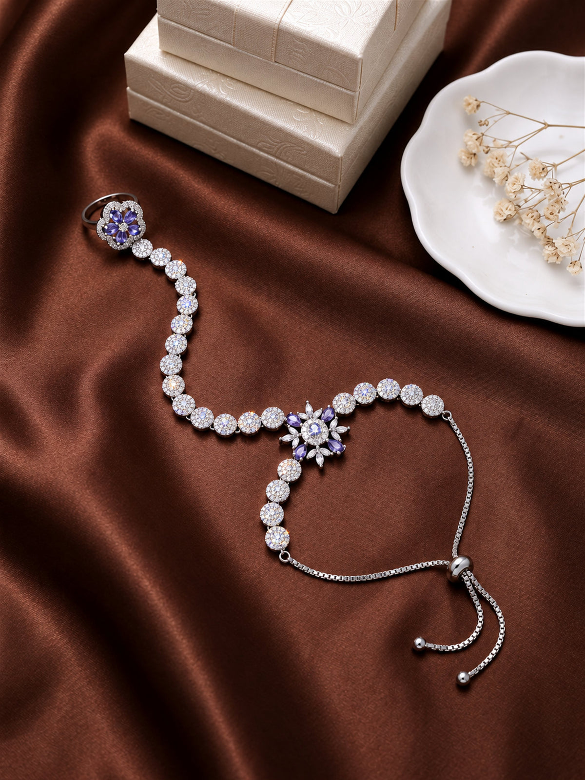 Purple silver-plated floral round-stone chain hathphool