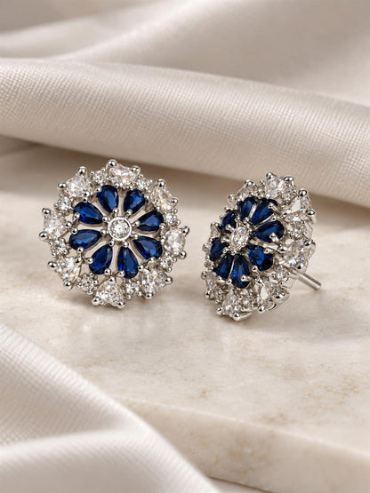 Blue heart-petal flower silver-plated stud earrings