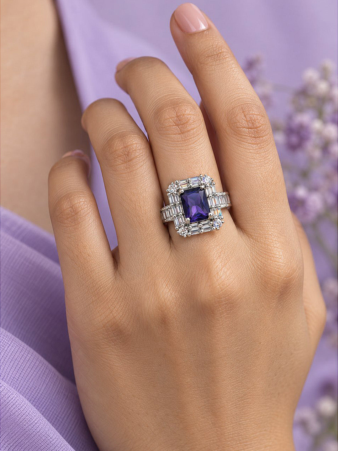 Purple Center Stone Baguette Halo Ring - Silver Plated product image