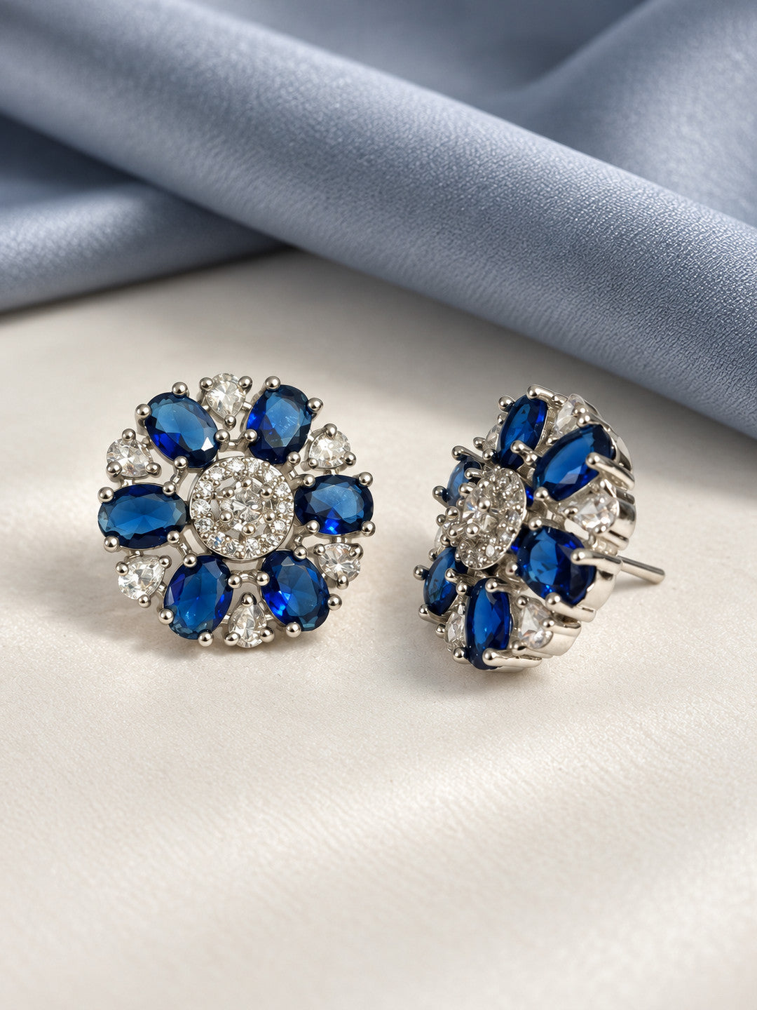 Blue Oval Stone Floral Stud Earrings in silver plating