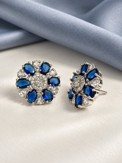 Blue Oval Stone Floral Stud Earrings in silver plating