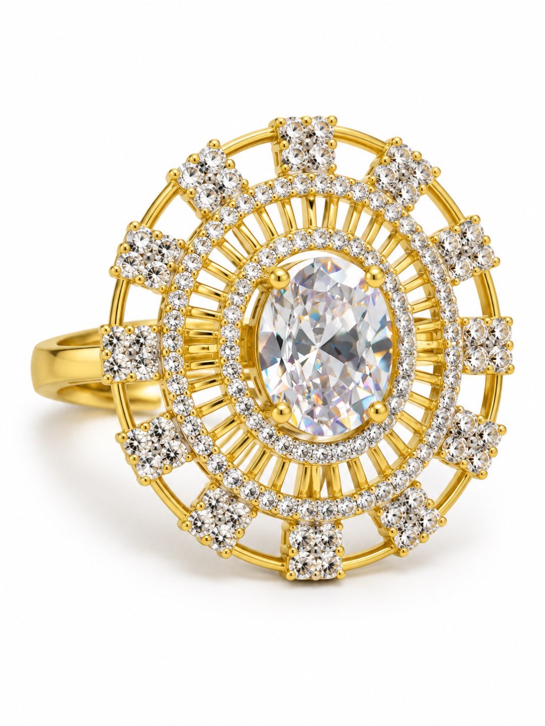 White Center Stone Baguette Halo Ring - Gold Plated
