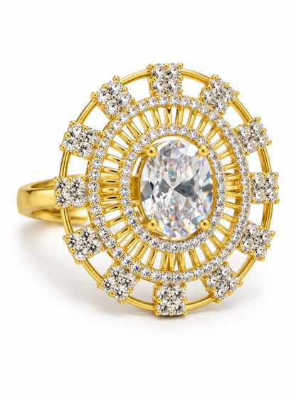 White Center Stone Baguette Halo Ring - Gold Plated