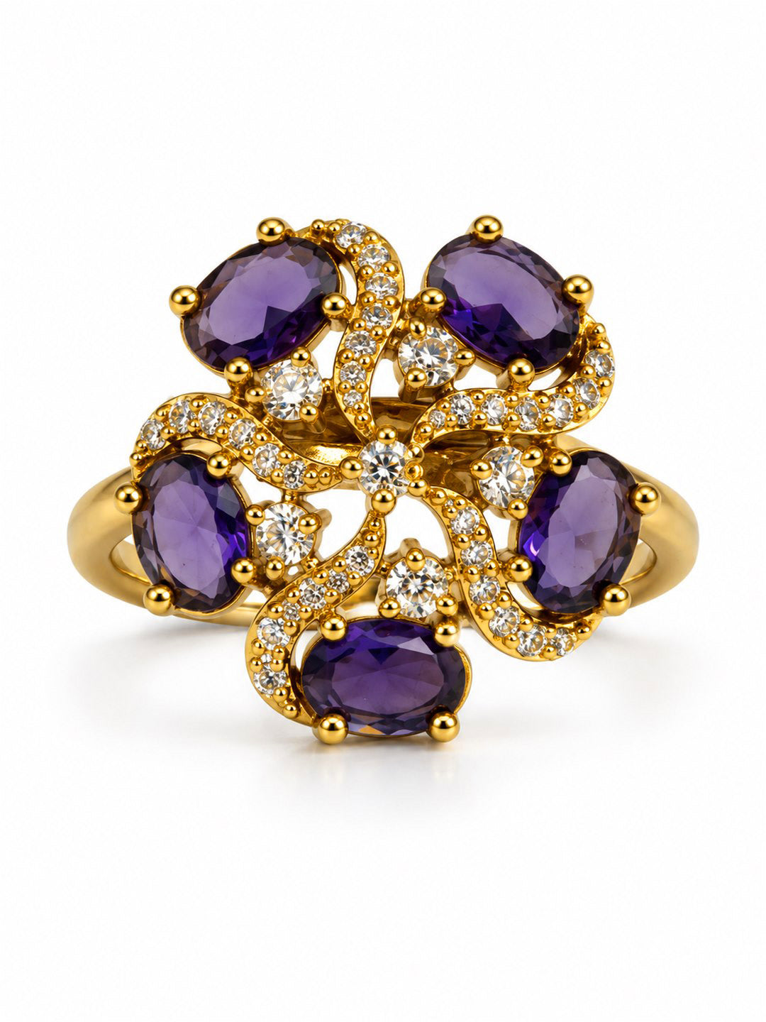 Purple Stone Five Petal Swirl Ring - Gold Plated, additional view 4