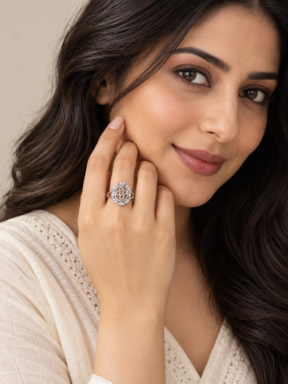 Clear Oval Halo Scroll Ring - Silver Plated