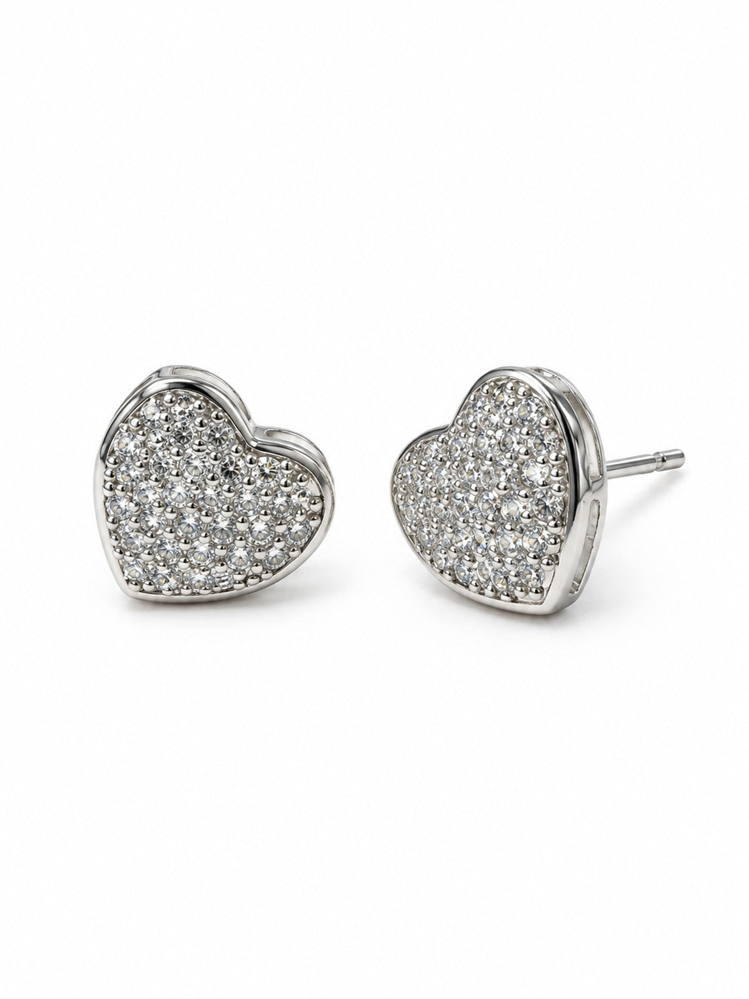 Clear Pave Rounded Heart Stud Earrings, silver plated, alternate product view