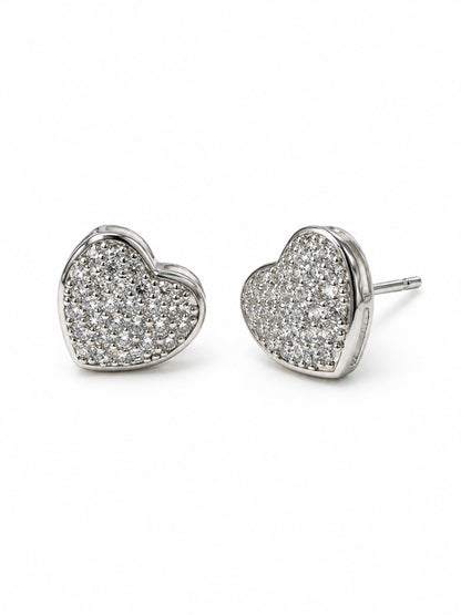 Clear Pave Rounded Heart Stud Earrings, silver plated, alternate product view