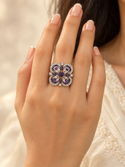 Purple Square Center Quatrefoil Ring - Silver Plated worn on hand - close-up