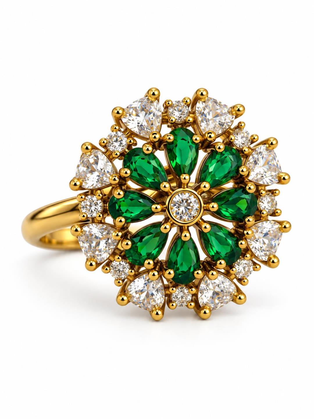Green Stone Teardrop Floral Cluster Ring - Gold Plated, additional view 1