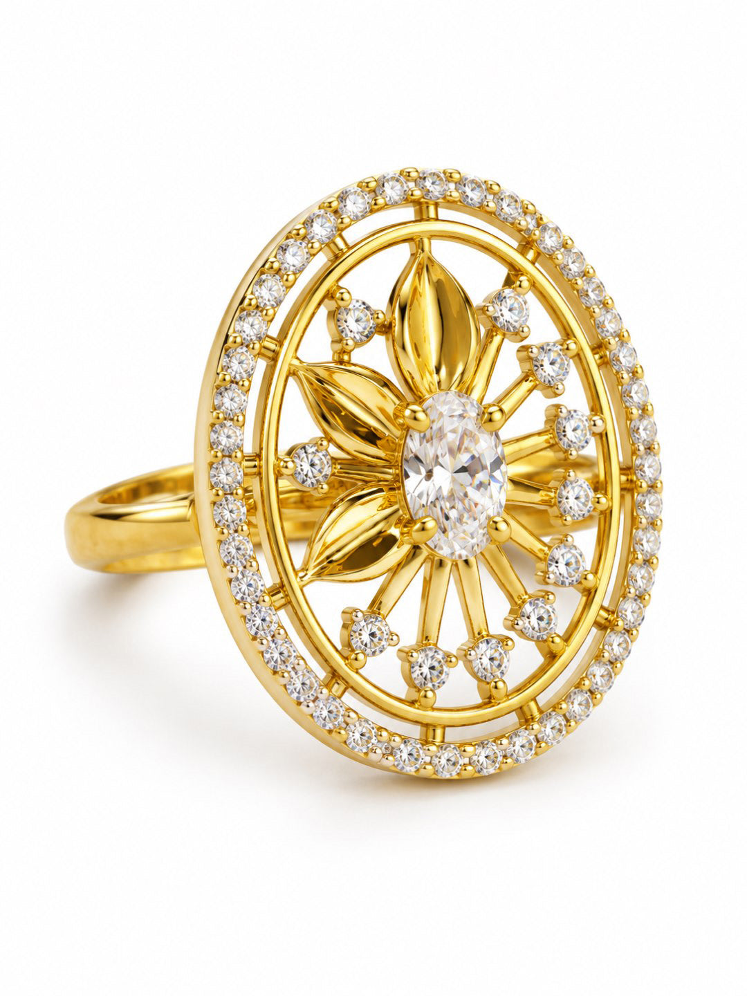 White Center Stone Oval Sunburst Ring - Gold Plated