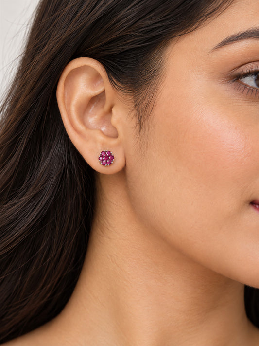 Magenta Stone Floral Cluster Stud Earrings, silver plated, model close-up
