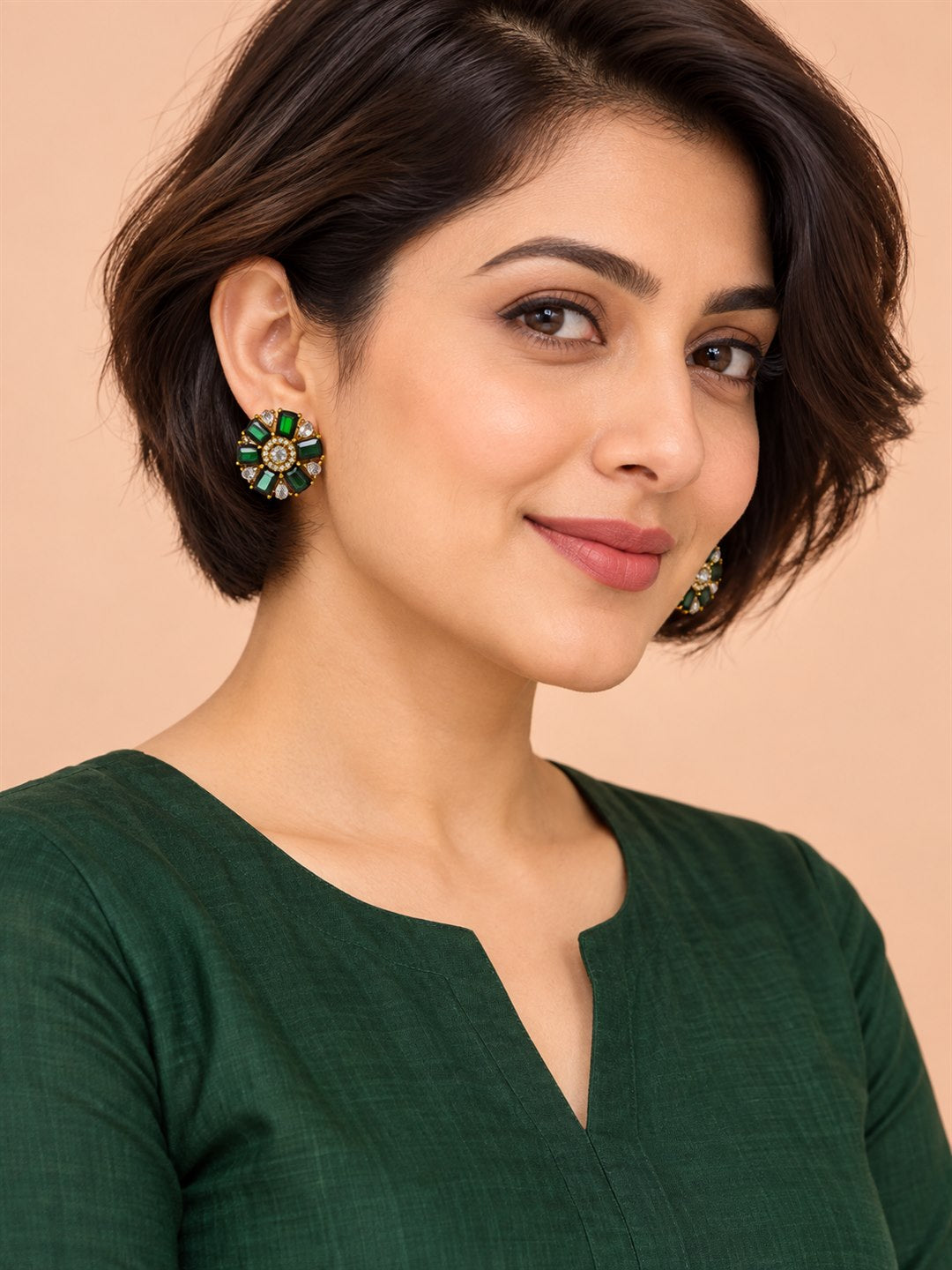 Green Baguette Petal Floral Stud Earrings - Gold Plated