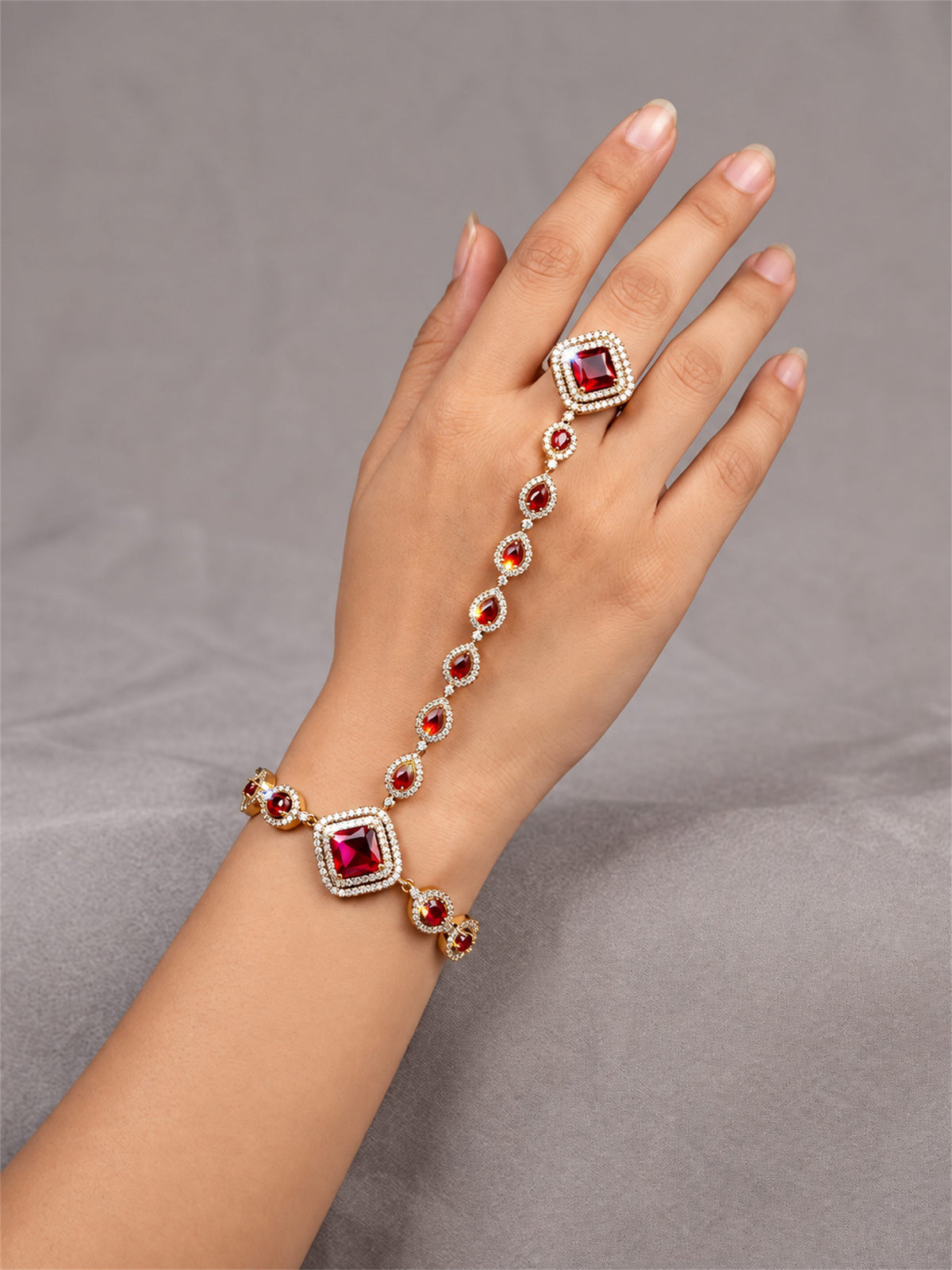 Red Square Halo and Teardrop Hathphool - Mehndi Plated worn on hand
