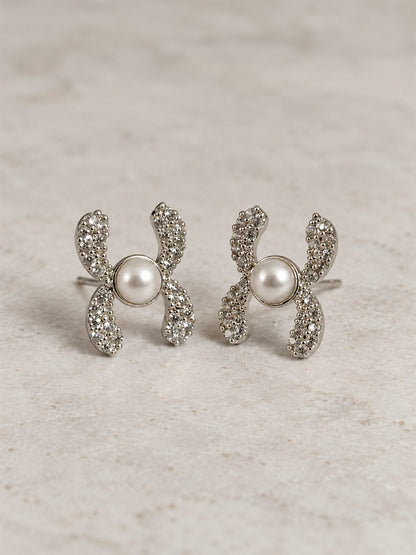 White Pearl-Effect Four Petal Stud Earrings, silver plated, lifestyle view