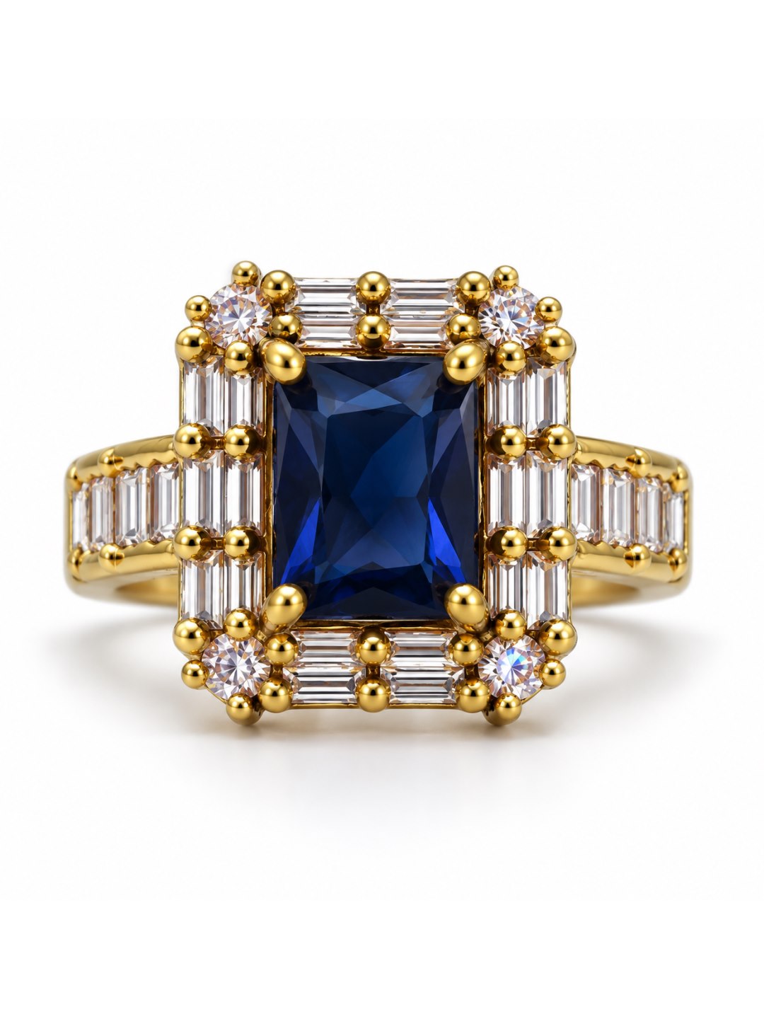 Blue Center Stone Baguette Halo Ring - Gold Plated product image