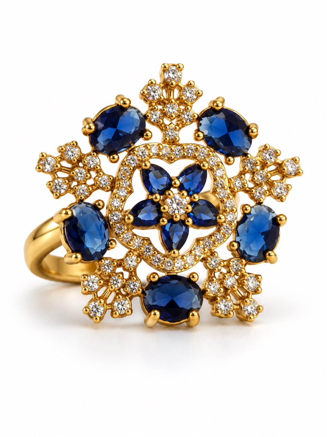 Blue Stone Floral Cross Cluster Ring - Gold Plated, additional view 1