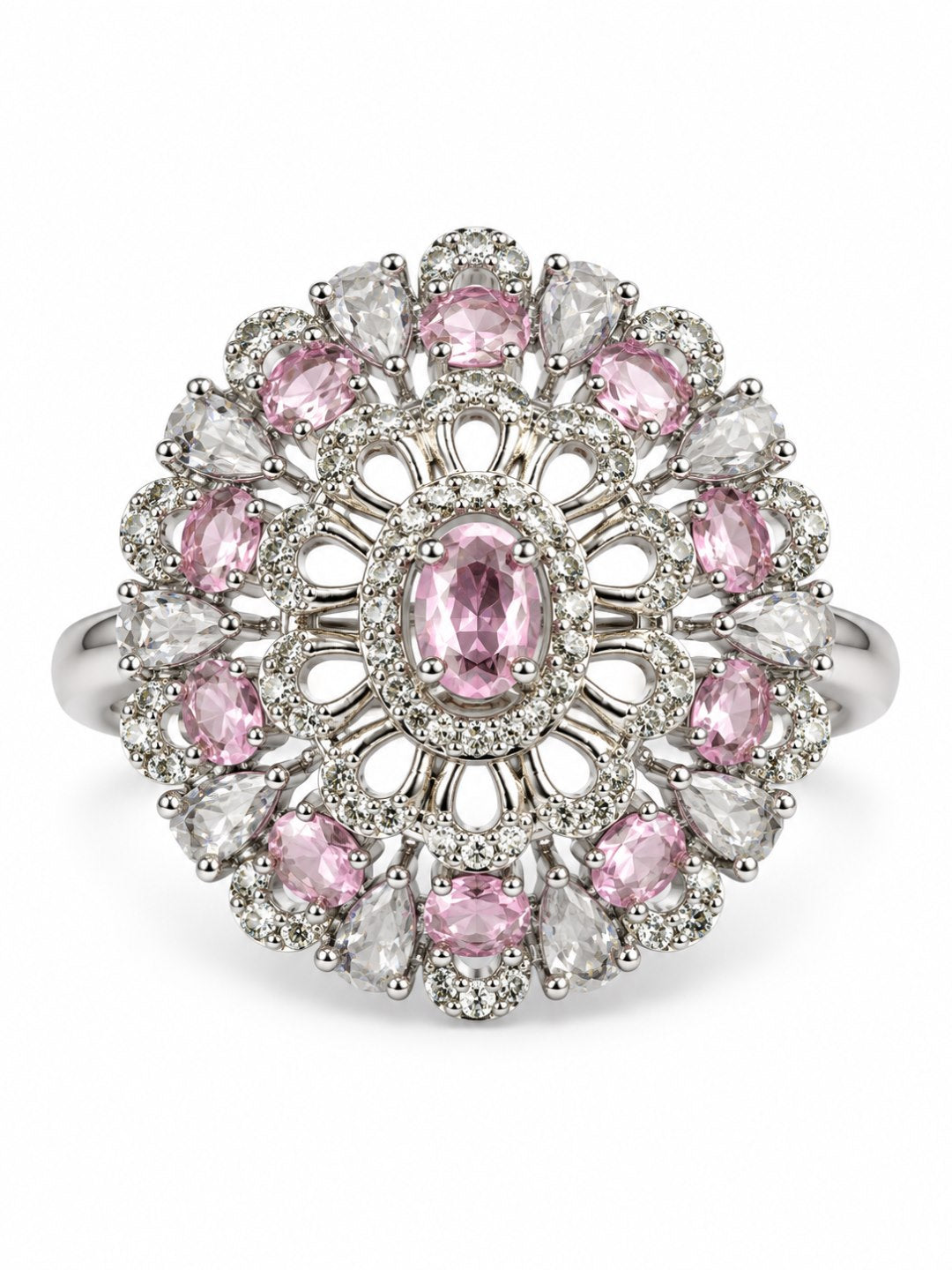 Pink Oval Center Floral Cluster Ring - Silver Plated - alternate view