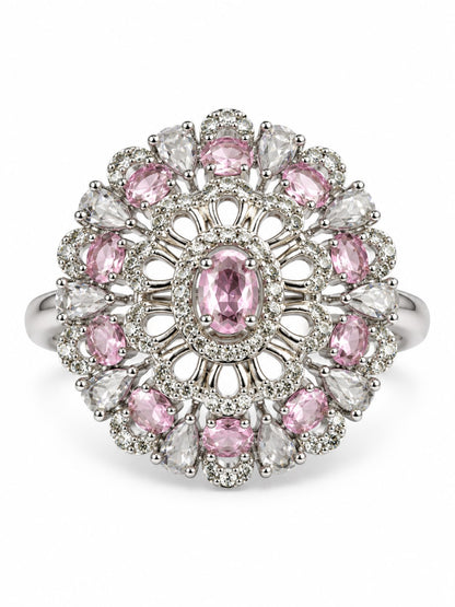 Pink Oval Center Floral Cluster Ring - Silver Plated - alternate view