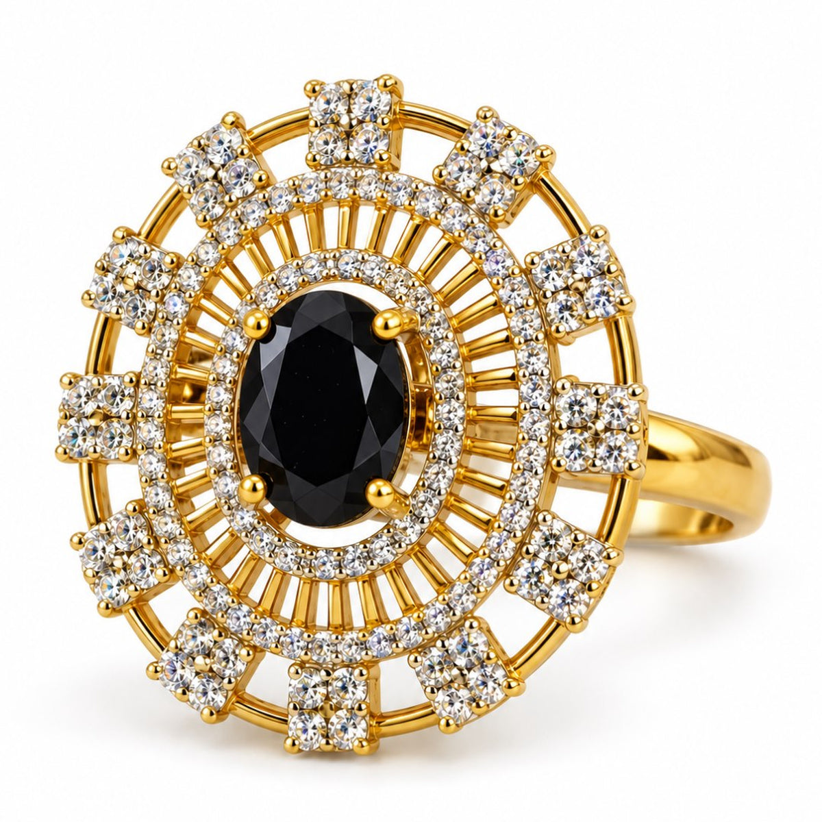 Black Center Stone Baguette Halo Ring - Gold Plated